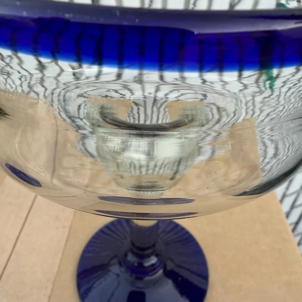 Blue Rim Margarita Glasses Mexican Hand Blown Drinking Glass Set of 3 Clear Blue